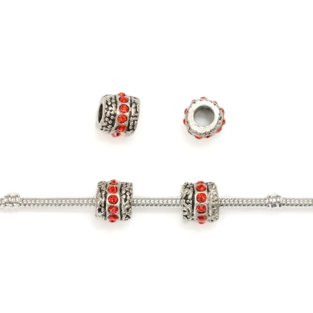 PANDORA TYPE - METAL WITH CRYSTALS - CYLINDER 20 - 10x12mm NICKEL AND RED - 5pcs. Hole-5.2mm