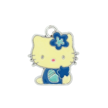 METAL BEADS - ENAMEL PENDANT - KITTY 01 FLOWER - 19х22х1.5 MM BLUE-BLUE (LIGHT)-BLUE - 10pcs. Hole:3.0mm