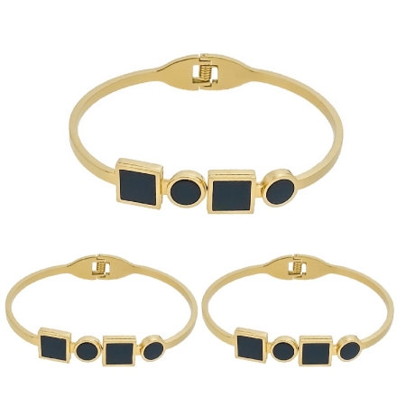 JEWELRY - HARD BRACELET - STAINLESS STEEL PENDANT - CIRCLE AND SQUARE 01 - 6x4.5cm GOLD AND BLACK - PACKAGE 3pcs.
