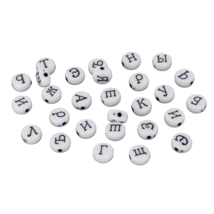 ACRYLIC BEADS - LETTERS - DISK CYRILLIC - 7x4mm WHITE WITH BLACK - 50g Hole-1.6mm (370pcs.)