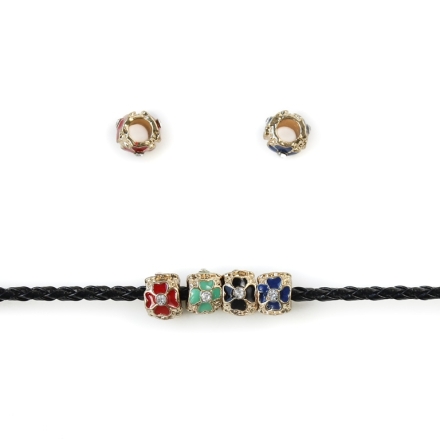 PANDORA TYPE - METAL WITH ENAMEL AND CRYSTALS - CYLINDER WITH CLOVER 01 - 7x9mm GOLD AND MIX - 5pcs. Hole-5.0mm