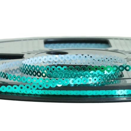 SEQUIN RIBBON - CIRCLE 01 FLAT - METALLIC - 3mm TURQUOISE GREEN 054 - ROLL 70meters Hole-1.0mm