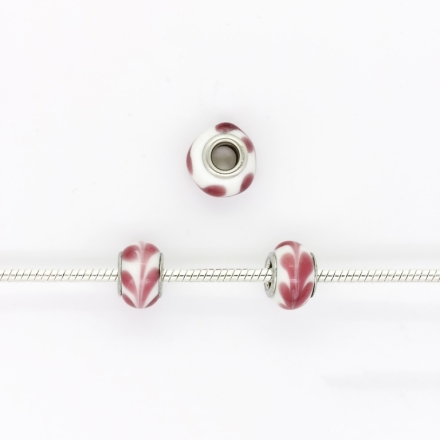 PANDORA TYPE BEADS - GLASS - CIRCLE - 14x9mm WHITE-PINK (DARK) 46 - 5pcs. Hole-5.0mm