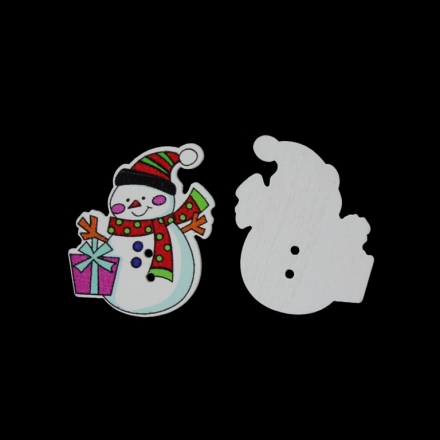 WOODEN FIGURES - BUTTON TYPE - CHRISTMAS - SNOWMAN 05 - 31х35х2mm WHITE WITH RED AND PURPLE - PACKAGE 100pcs. Hole-2х2.0mm