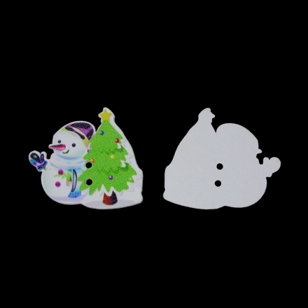 WOODEN FIGURES - BUTTON TYPE - CHRISTMAS - SNOWMAN AND CHRISTMAS TREE 01 - 34x30x2mm WHITE AND GREEN - PACKAGE 100pcs. Hole-2x2.0mm