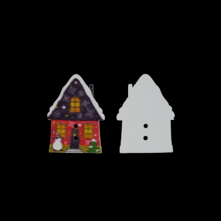 WOODEN FIGURES - BUTTON TYPE - CHRISTMAS - HUT 02 - 24х33х2mm WHITE WITH RED AND PURPLE (DARK) - 10pcs. Hole-2х2.0mm