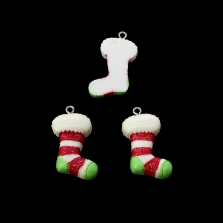 PLASTIC BEADS - RESIN 3D - PENDANT - CHRISTMAS SOCK 02 - 26x33x8mm WHITE-RED-GREEN (LIGHT) - PACKAGE 30pcs. Hole-2.0mm