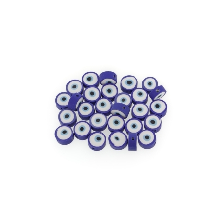 POLYMER CLAY FIMO BEADS - DISK - EYE 01 - 9mm BLUE (DARK)-WHITE-BLUE (LIGHT)-BLACK - 50pcs. Hole-1.6mm