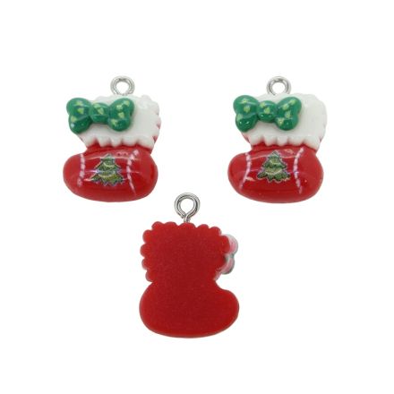 PLASTIC BEADS - RESIN 3D - PENDANT - CHRISTMAS SOCK 03 - 15x22x8mm RED-WHITE-GREEN - PACKAGE 30pcs. Hole-2.0mm