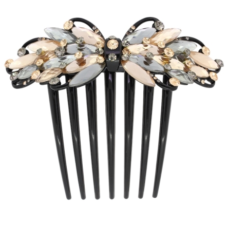 JEWELRY - DECORATIVE COMB WITH GLASS CRYSTALS DG012 - 11x9.6cm BLACK WITH BEIGE AND GRAY - 1pc.