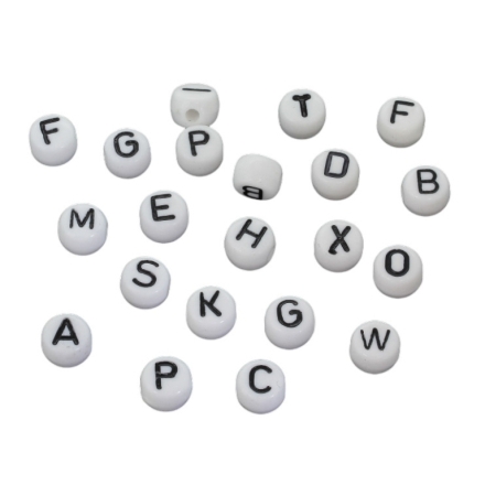 ACRYLIC BEADS - LETTERS - DISK - 6x5mm WHITE WITH BLACK - 50g Hole-1.8mm (316pcs.)