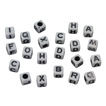 ACRYLIC BEADS - LETTERS - CUBE - 6x6mm WHITE WITH BLACK - 50g Hole-3.0mm (300pcs.)