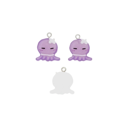 PLASTIC BEADS - RESIN 3D - PENDANT - OCTOPUS 02 - 19x21x3mm PURPLE (LIGHT)-PURPLE-WHITE - PACKAGE 30pcs. Hole-2.0mm