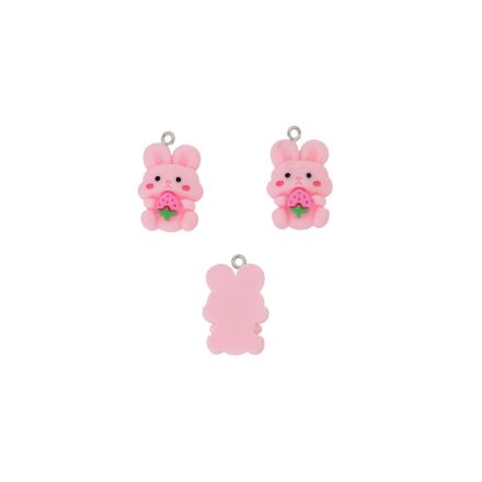 PLASTIC BEADS - RESIN 3D - PENDANT - RABBIT 26 WITH STRAWBERRY - 17x26x7mm PINK-PINK (DARK)-GREEN - 2pcs. Hole-1.8mm