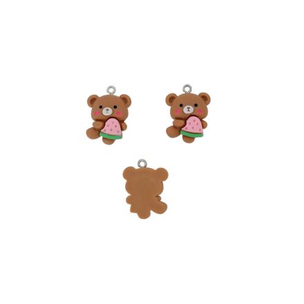 PLASTIC BEADS - RESIN 3D - PENDANT - BEAR 43 WITH WATERMELON - 18x23x8mm BROWN-PINK (LIGHT)-GREEN - 2pcs. Hole-1.8mm 