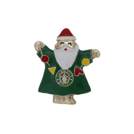 JEWELRY - BROOCH - ENAMEL AND CRYSTALS - SANTA CLAUS В213 - 4.3x4.9cm GOLD (LIGHT)-GREEN (DARK)-RED -1pc.