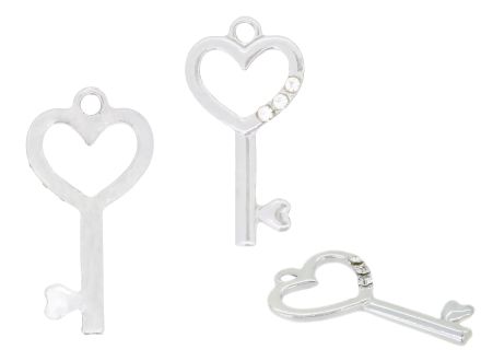 МЕТАЛНИ МЪНИСТА С UV И КРИСТАЛИ - ВИСУЛКА - КЛЮЧ 01 - 16х32х2.5мм СРЕБРИСТО И БЯЛО - 1 бр. Отвор-2.5мм