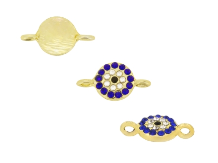 METAL - CHARMS CONNECTOR 2 HOLES UV COATING WITH CRYSTALS - EYE 01 - 18x9x2mm GOLD COLOR WITH WHITE AND BLUE - PACKAGE 20pcs. Hole-2.0mm