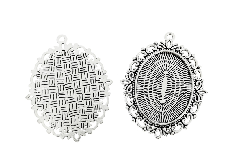 METAL ELEMENTS - CABOCHON BASE - ELLIPSE 30x40mm - LACE С - NICKEL COLOR - 20pcs. Hole-3.0mm