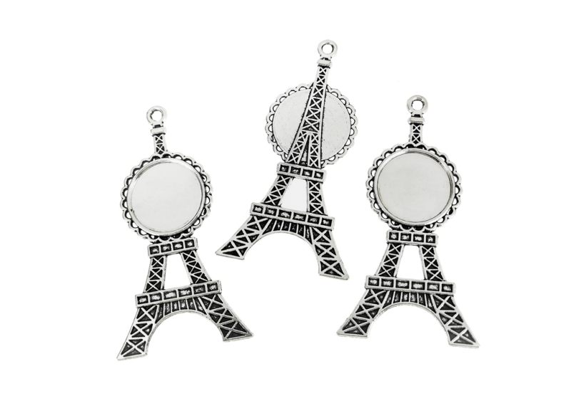 METAL ELEMENTS - CABOCHON BASE - CIRCLE 20mm - EIFFEL TOWER - NICKEL COLOR - 20pcs. Hole-3.0mm