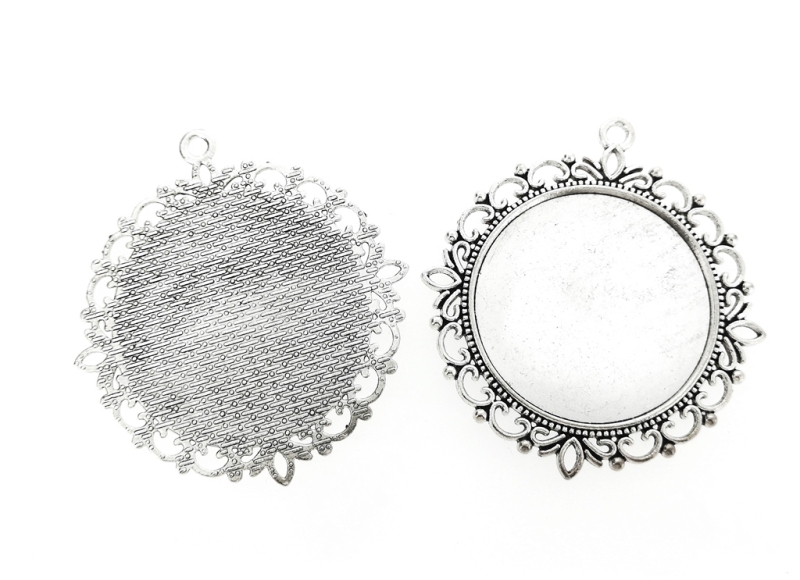 METAL ELEMENTS - CABOCHON BASE - CIRCLE 35mm - LACE С - NICKEL COLOR - 20pcs. Hole-3.5mm