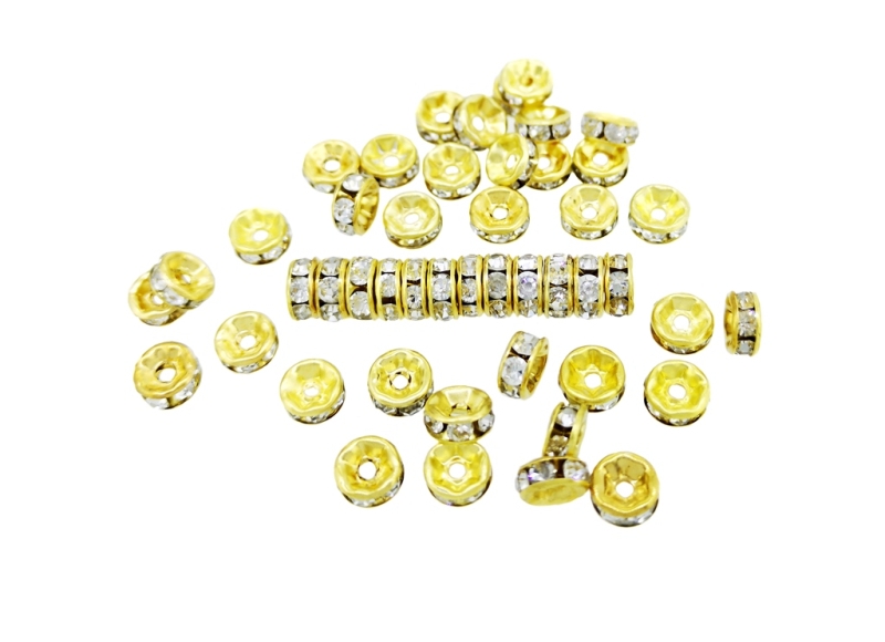 METAL ELEMENTS - RHINESTONE RONDELLE CRYSTAL ROUND LOOSE SPACER BEADS 01 - 6mm GOLD COLOR WITH WHITE - 100pcs. Hole-1.5mm