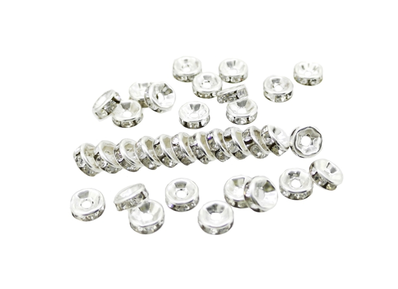 METAL ELEMENTS - RHINESTONE RONDELLE CRYSTAL ROUND LOOSE SPACER BEADS 01 - 6mm SILVER COLOR WITH WHITE - 100pcs. Hole-1.5mm