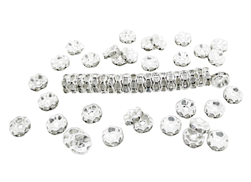 METAL ELEMENTS - RHINESTONE RONDELLE CRYSTAL ROUND LOOSE SPACER BEADS 02 - 8mm SILVER COLOR WITH WHITE - 100pcs. Hole-1.8mm