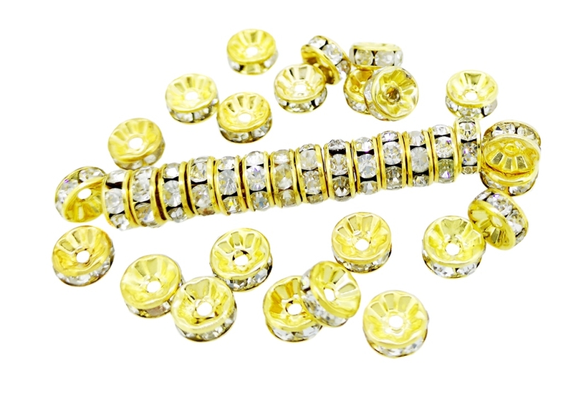 METAL ELEMENTS - RHINESTONE RONDELLE CRYSTAL ROUND LOOSE SPACER BEADS 01 - 8mm GOLD COLOR WITH WHITE - 1000pcs. Hole-1.8mm