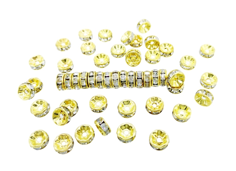 METAL ELEMENTS - RHINESTONE RONDELLE CRYSTAL ROUND LOOSE SPACER BEADS 01 - BRASS - 8mm GOLD COLOR WITH WHITE - 500pcs. Hole-1.8mm