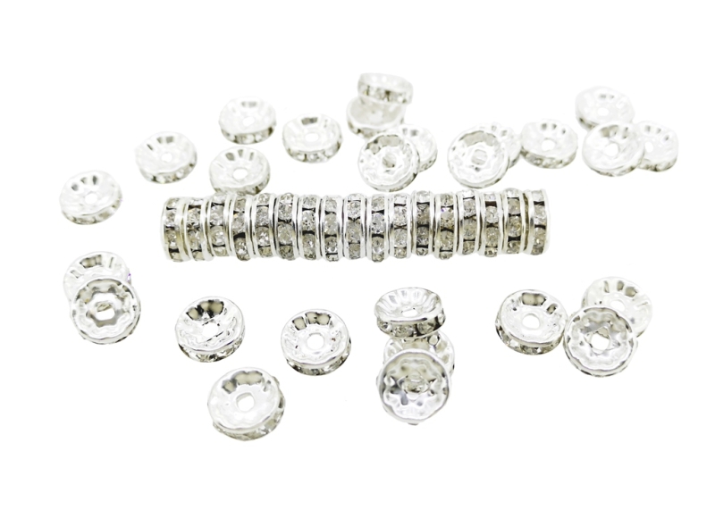 METAL ELEMENTS - RHINESTONE RONDELLE CRYSTAL ROUND LOOSE SPACER BEADS 01 - 10mm SILVER COLOR WITH WHITE - 50pcs. Hole-2.2mm