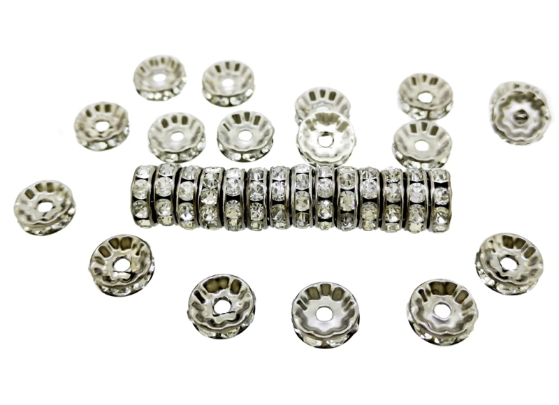 METAL ELEMENTS - RHINESTONE RONDELLE CRYSTAL ROUND LOOSE SPACER BEADS 01 - 10mm OXIDIZED WITH WHITE - 50pcs. Hole-1.5mm