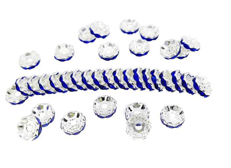 METAL ELEMENTS - RHINESTONE RONDELLE CRYSTAL ROUND LOOSE SPACER BEADS 02 - 10mm SILVER COLOR WITH BLUE - 250pcs. Hole-1.5mm