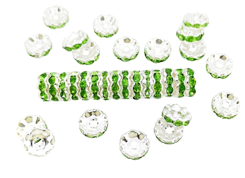 METAL ELEMENTS - RHINESTONE RONDELLE CRYSTAL ROUND LOOSE SPACER BEADS 02 - 10mm SILVER COLOR WITH GREEN - 250pcs. Hole-1.5mm