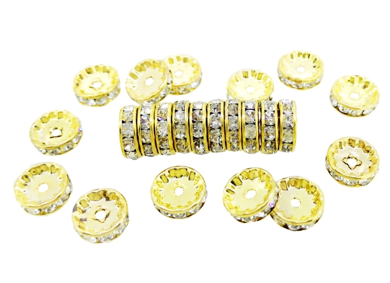 METAL ELEMENTS - RHINESTONE RONDELLE CRYSTAL ROUND LOOSE SPACER BEADS 01 - 12mm GOLD COLOR WITH WHITE - 200pcs. Hole-2.4mm