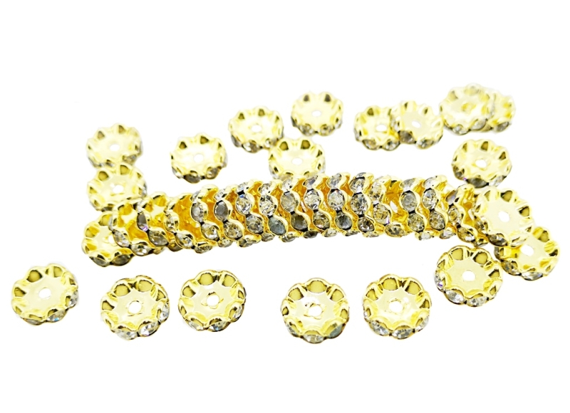 METAL ELEMENTS - RHINESTONE RONDELLE CRYSTAL ROUND LOOSE SPACER BEADS 02 - BRASS - 12mm GOLD COLOR WITH WHITE - 100pcs. Hole-2.4mm