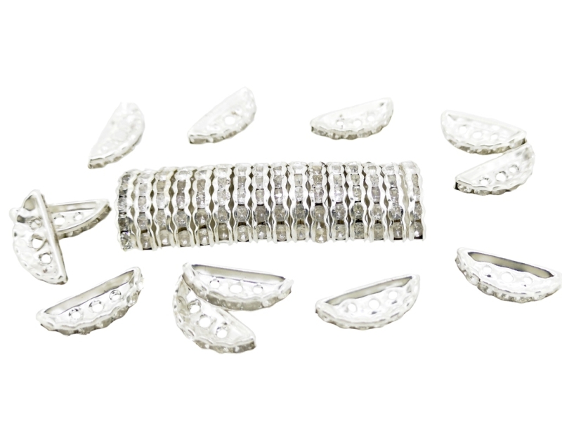 METAL ELEMENTS - RHINESTONE SPACERS - HALF MOON 3 HOLES 02 - 19x8x3mm SILVER COLOR WITH WHITE - 10pcs. Hole-1.5mm