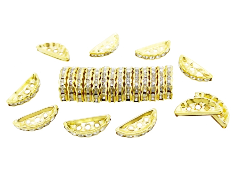 METAL ELEMENTS - RHINESTONE SPACERS - HALF MOON 3 HOLES 02 - 19x8x3mm GOLD COLOR WITH WHITE МАТTE - 100pcs. Hole-1.5mm