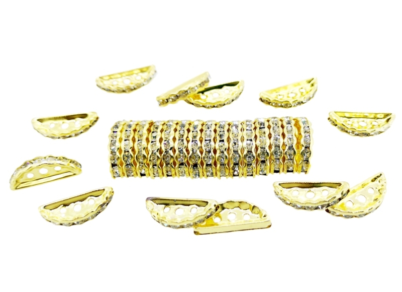 METAL ELEMENTS - RHINESTONE SPACERS - HALF MOON 3 HOLES 02 - 19x8x3mm GOLD COLOR WITH WHITE - 100pcs. Hole-1.5mm