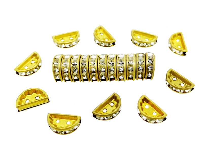 METAL ELEMENTS - RHINESTONE SPACERS - HALF MOON 2 HOLES 01 - BRASS - 13x7x3mm GOLD COLOR WITH WHITE - 100pcs. Hole-1.2mm