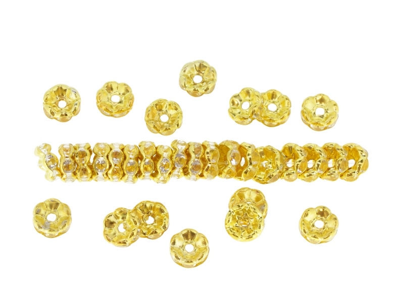 METAL ELEMENTS - RHINESTONE RONDELLE CRYSTAL ROUND LOOSE SPACER BEADS 02 - 8mm GOLD COLOR WITH WHITE - 1000pcs. Hole-1.8mm