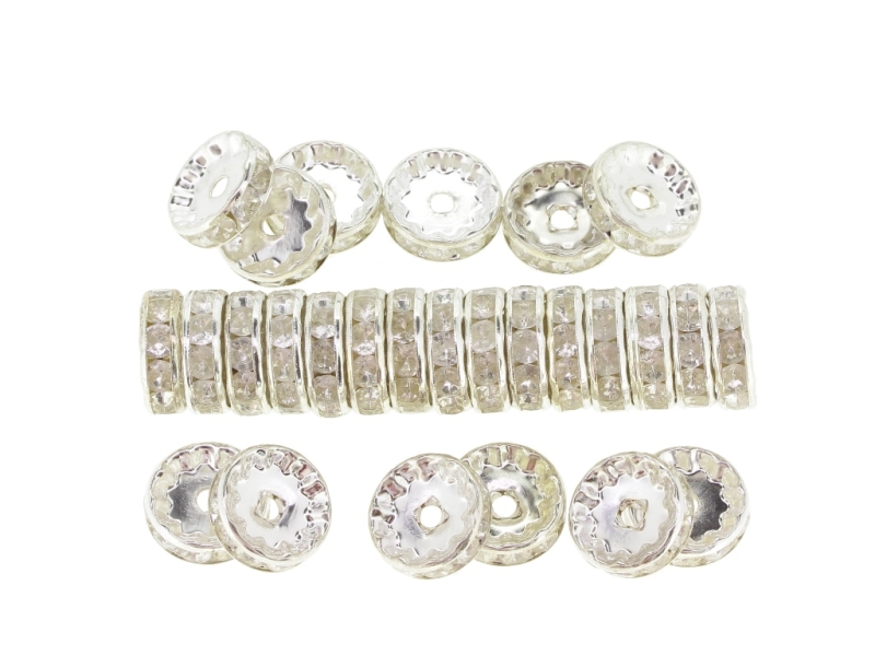 METAL ELEMENTS - RHINESTONE RONDELLE CRYSTAL ROUND LOOSE SPACER BEADS 01 - 12mm SILVER COLOR WITH WHITE - 200pcs. Hole-2.0mm