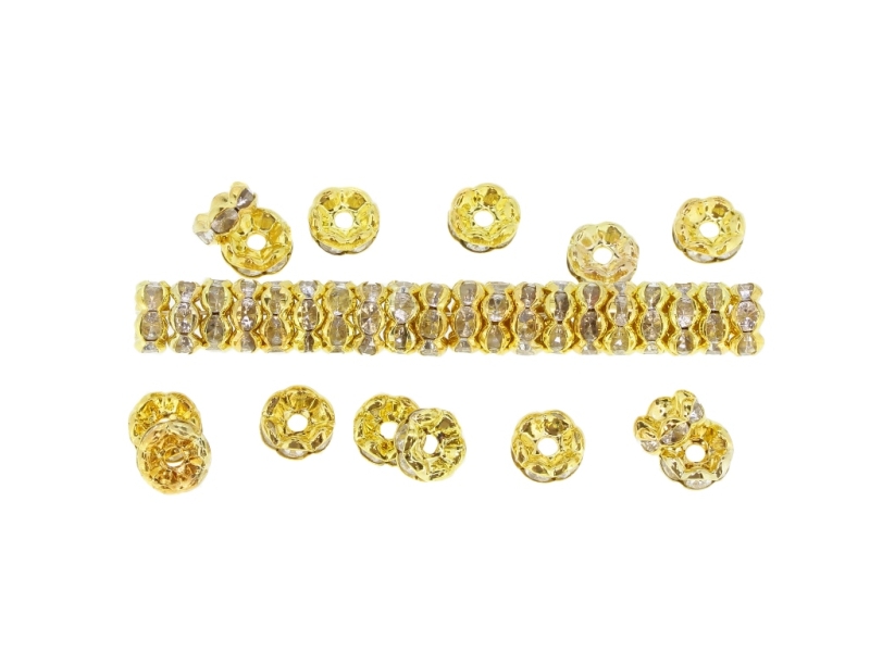 METAL ELEMENTS - RHINESTONE RONDELLE CRYSTAL ROUND LOOSE SPACER BEADS 02 - 7mm GOLD COLOR WITH WHITE - 1000pcs. Hole-1.8mm