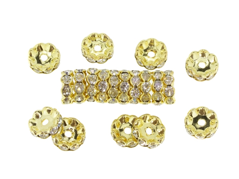 METAL ELEMENTS - RHINESTONE RONDELLE CRYSTAL ROUND LOOSE SPACER BEADS 02 - 12mm GOLD COLOR WITH WHITE - 200pcs. Hole-2.2mm