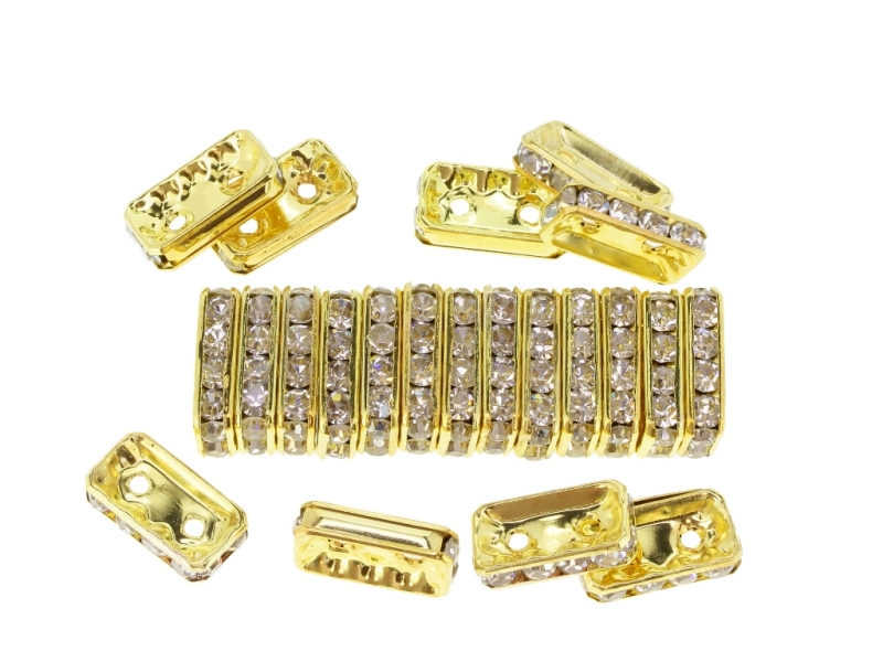 METAL ELEMENTS - RHINESTONE SPACERS - RECTANGULAR 01 - 15x8x4mm GOLD COLOR WITH WHITE - 100pcs. Hole-1.8mm