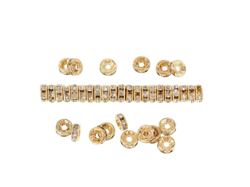 METAL ELEMENTS - RHINESTONE RONDELLE CRYSTAL ROUND LOOSE SPACER BEADS 01 - 6mm GOLD COLOR 03 WITH WHITE - 1000pcs. Hole-1.8mm