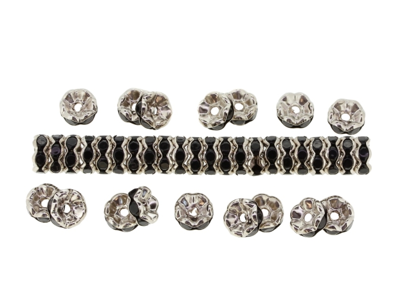 METAL ELEMENTS - RHINESTONE RONDELLE CRYSTAL ROUND LOOSE SPACER BEADS 02 - 8mm NICKEL COLOR WITH BLACK - 1000pcs. Hole-1.8mm