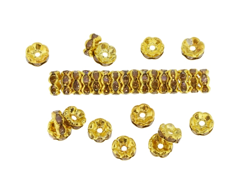 METAL ELEMENTS - RHINESTONE RONDELLE CRYSTAL ROUND LOOSE SPACER BEADS 02 - 8mm GOLD COLOR WITH YELLOW - 50pcs. Hole-1.8mm