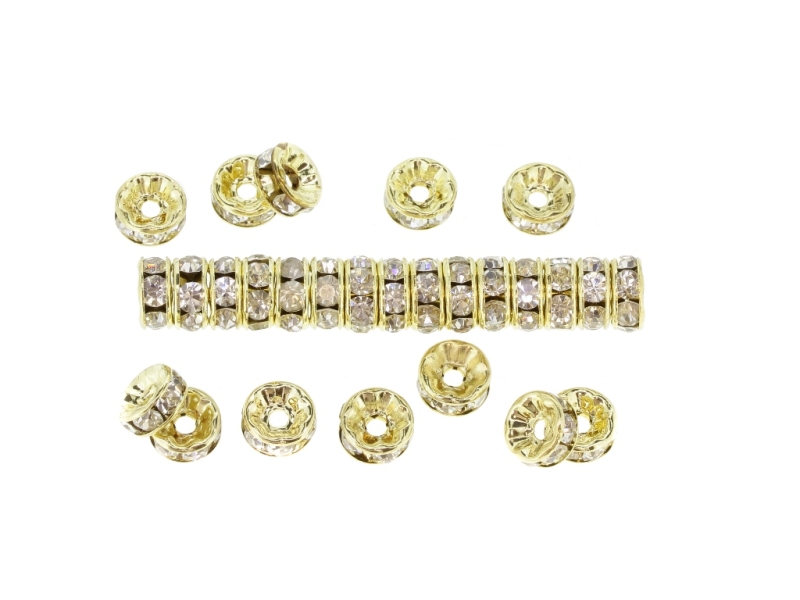 METAL ELEMENTS - RHINESTONE RONDELLE CRYSTAL ROUND LOOSE SPACER BEADS 01 - 8mm GOLD COLOR 02 WITH WHITE - 100pcs. Hole-2.0mm