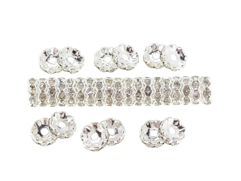 METAL ELEMENTS - RHINESTONE RONDELLE CRYSTAL ROUND LOOSE SPACER BEADS 02 - 10mm SILVER COLOR WITH WHITE - 50pcs. Hole-2.2mm